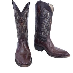 Ferrini Leather Cowboy Western Boots Brown 8.5 Men Pull On Boots Embroidered